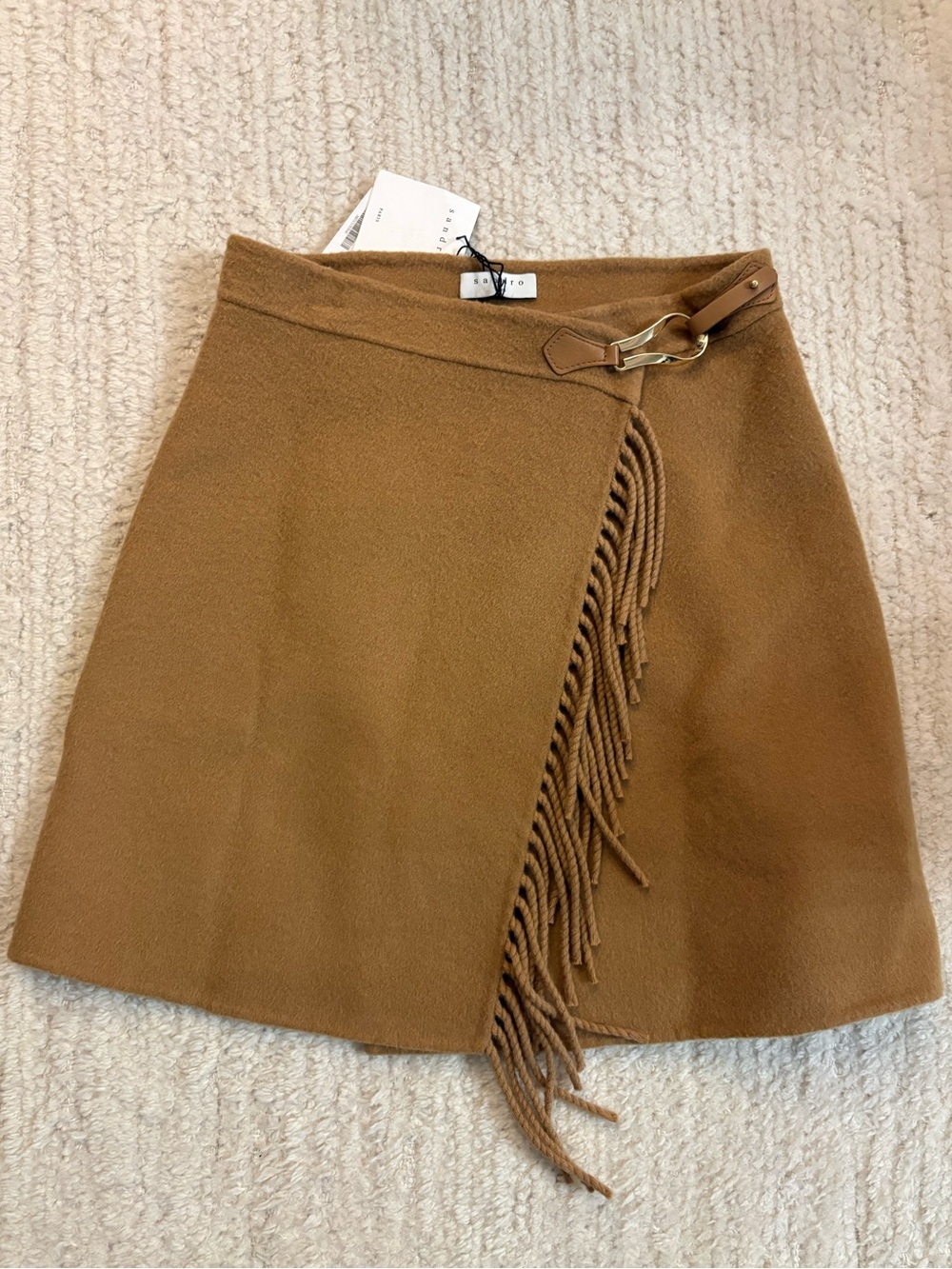 $300 SANDRO SKIRT FOR $130! Wool camel like Burb HORSEBIT leather detail size 1